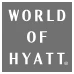 The image shows a gray square with the text "WORLD OF HYATT" written in white, capital letters, stacked vertically.