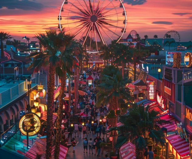 A lively boardwalk with a Ferris wheel at sunset, bustling with people, colorful lights, and palm trees create a vibrant atmosphere.