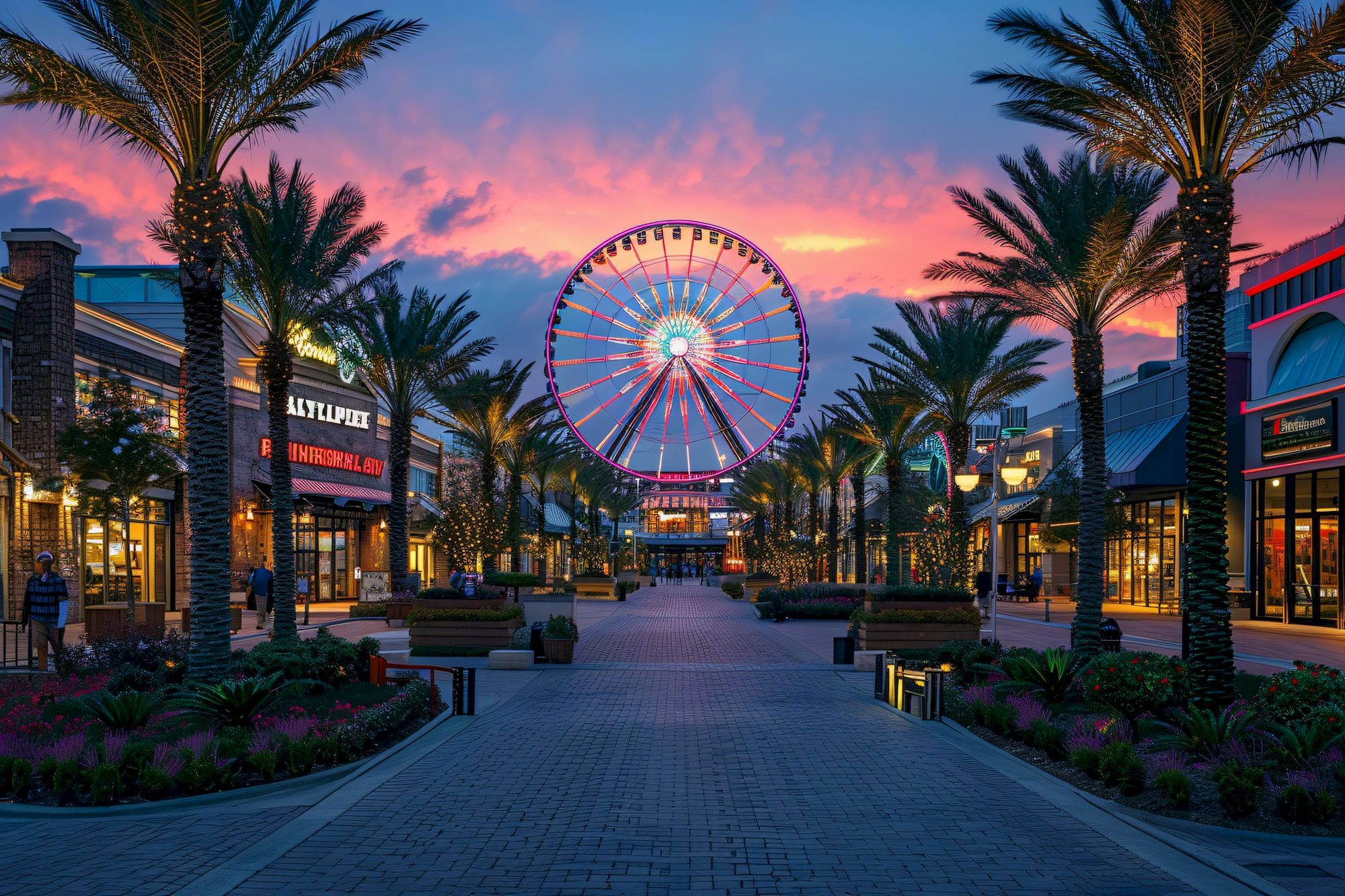 A vibrant outdoor shopping area at sunset, featuring palm trees, shops, and a large illuminated Ferris wheel in the background, beautifully lit.