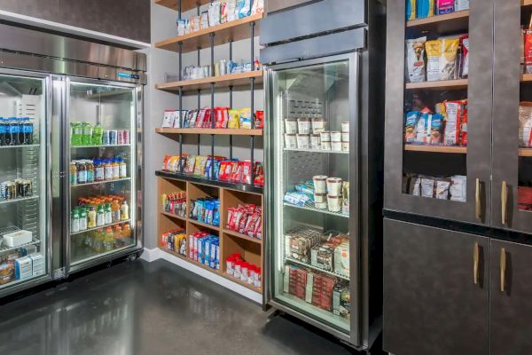 The image shows a small convenience store or pantry with refrigerated units and shelves stocked with various snacks and drinks.