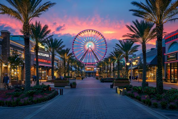 A vibrant shopping area with palm trees features a Ferris wheel against a colorful sunset sky, with shops and restaurants lining the pathway.